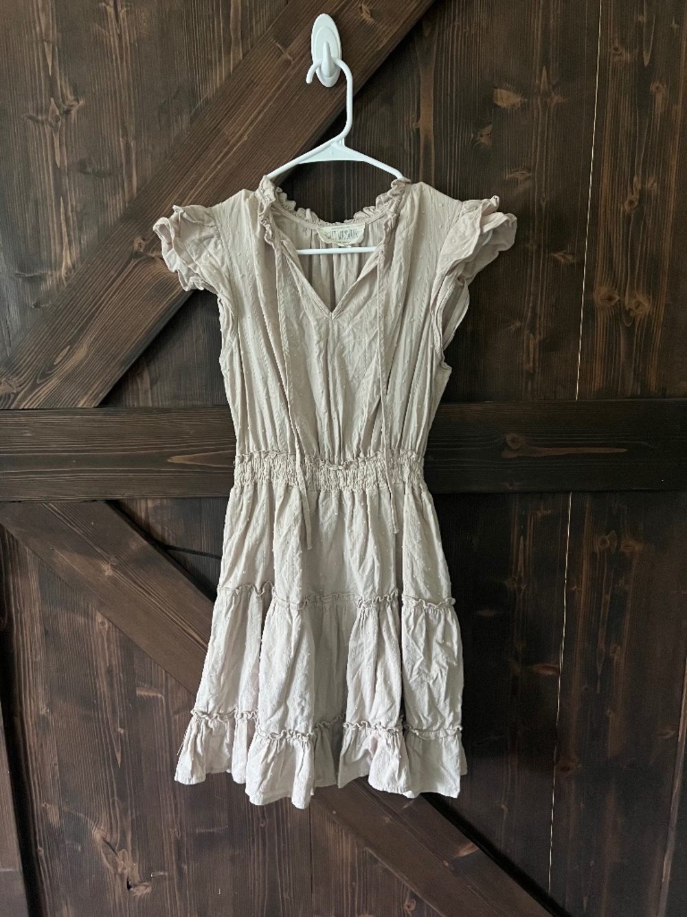 Sweet Wanderer Warm Beige Eyelet Dress Large Tiered Ruffle Cottagecore